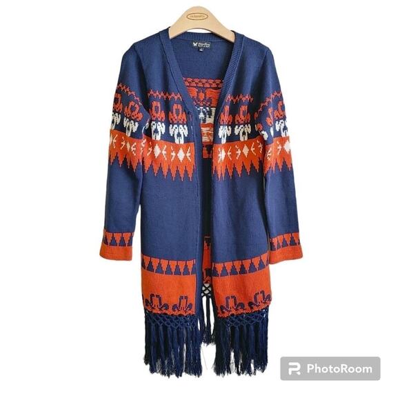Papillon Boho Aztec Orange and Blue Open Front Collegiate Auburn Cardigan Sz M - Picture 1 of 9